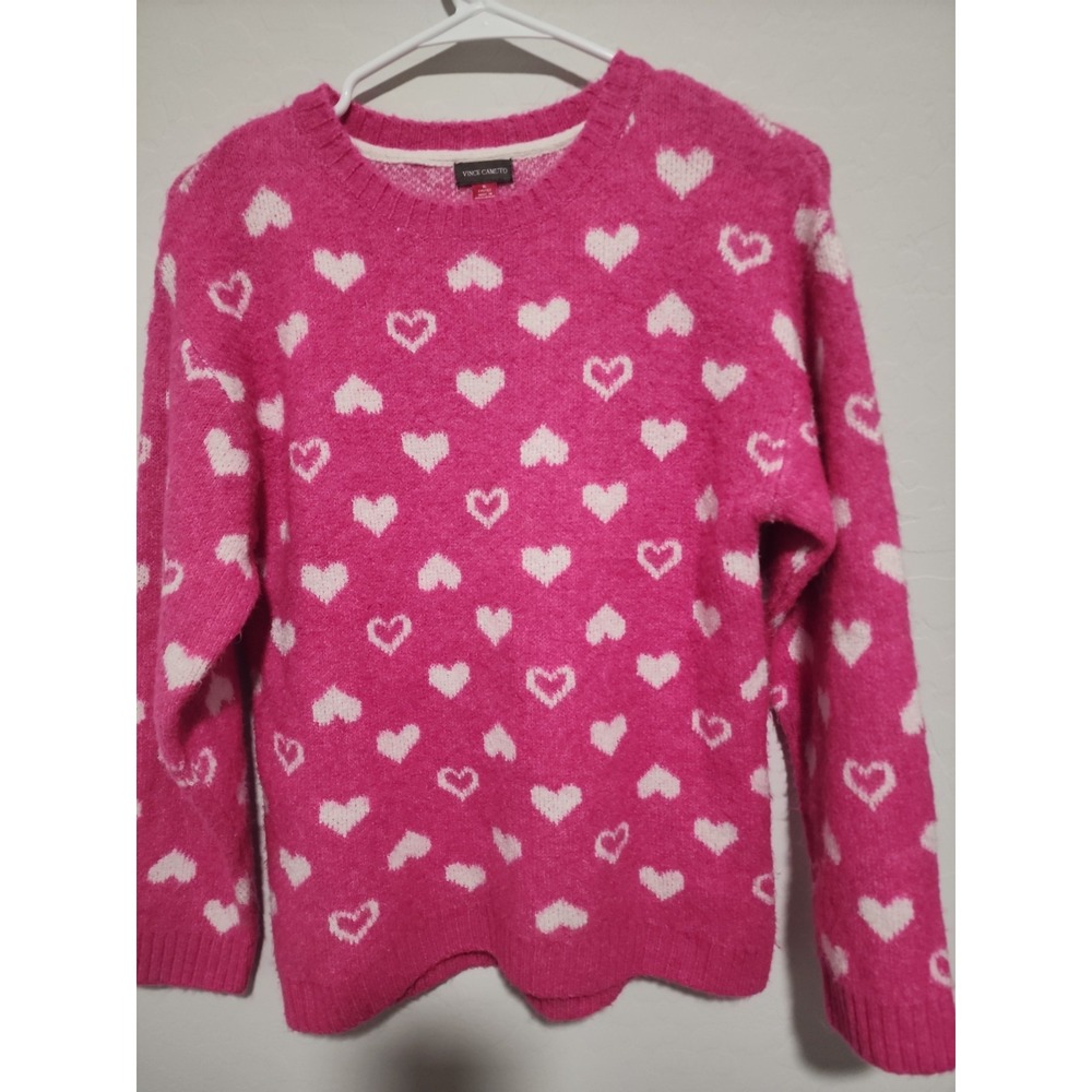 Vince Camuto Womens Fuzzy Pink Sweater With White Hearts Size XL